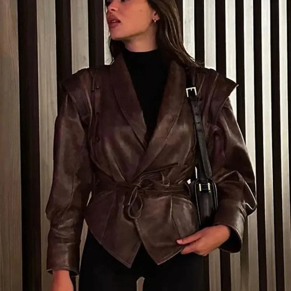 Pu motorcycle Coat Faux Leather Jacket for Women Spring Autumn Fashion Vintage V Neck Female High Street Casual Ladies Outwear