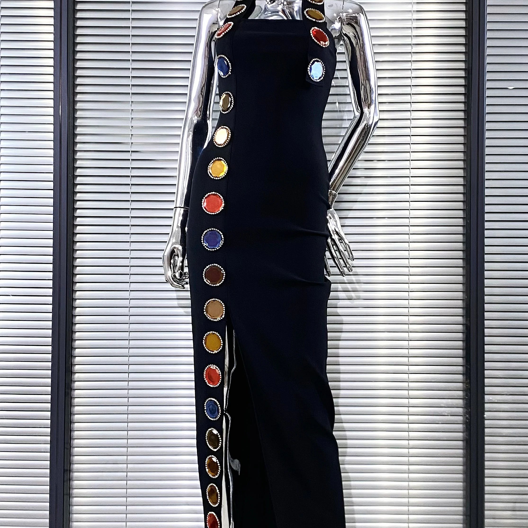 New Summer Special Design Shining Colorful Diamonds Sexy Halter Black Bandage Dress Woman Birthday Party Dress Club Party Outfit black