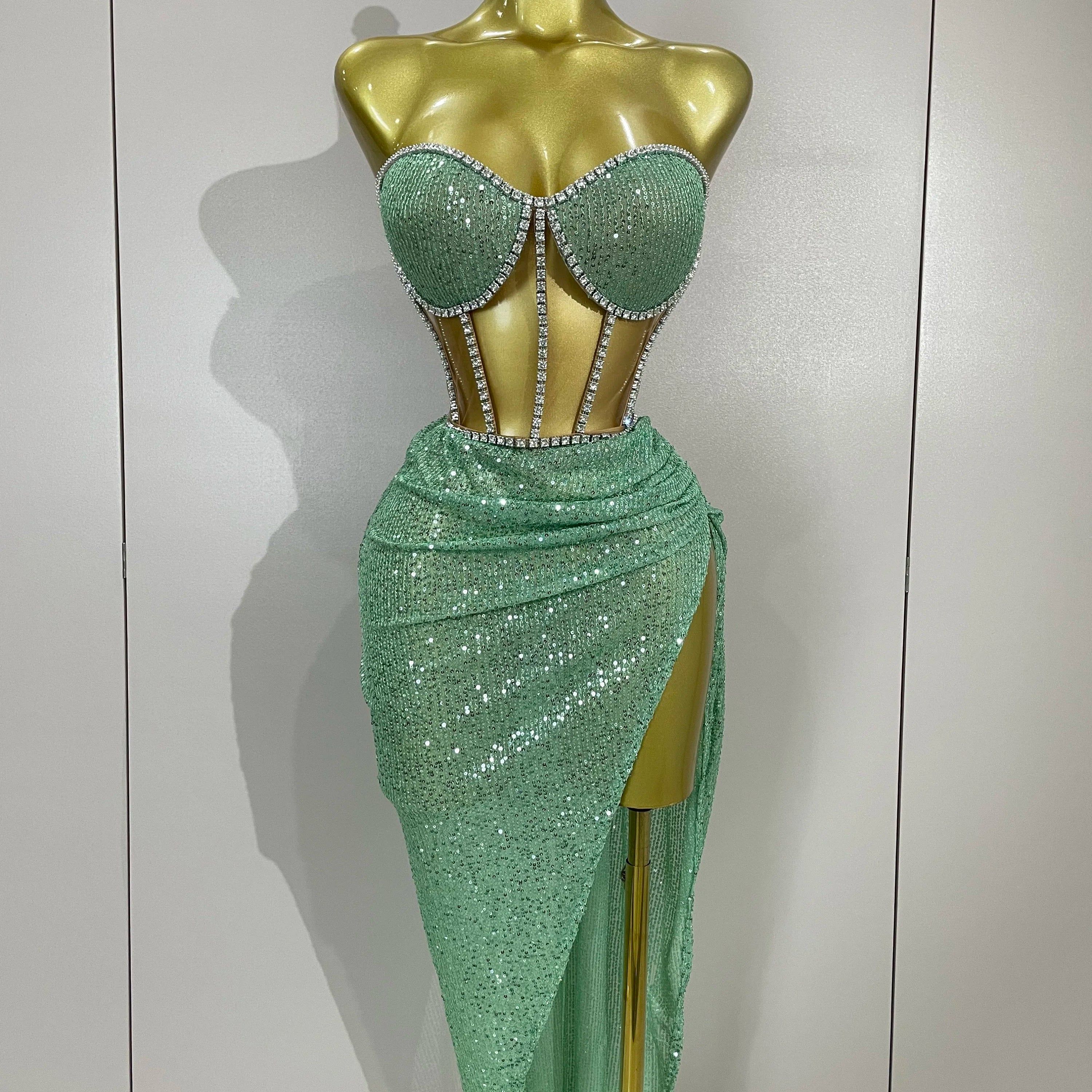 Sparkly Sequins Diamond Birthday Party Two Piece Set Evening Dress 2025 Women Sexy Singer Dancer NightClub Bar Performan Costume Mint
