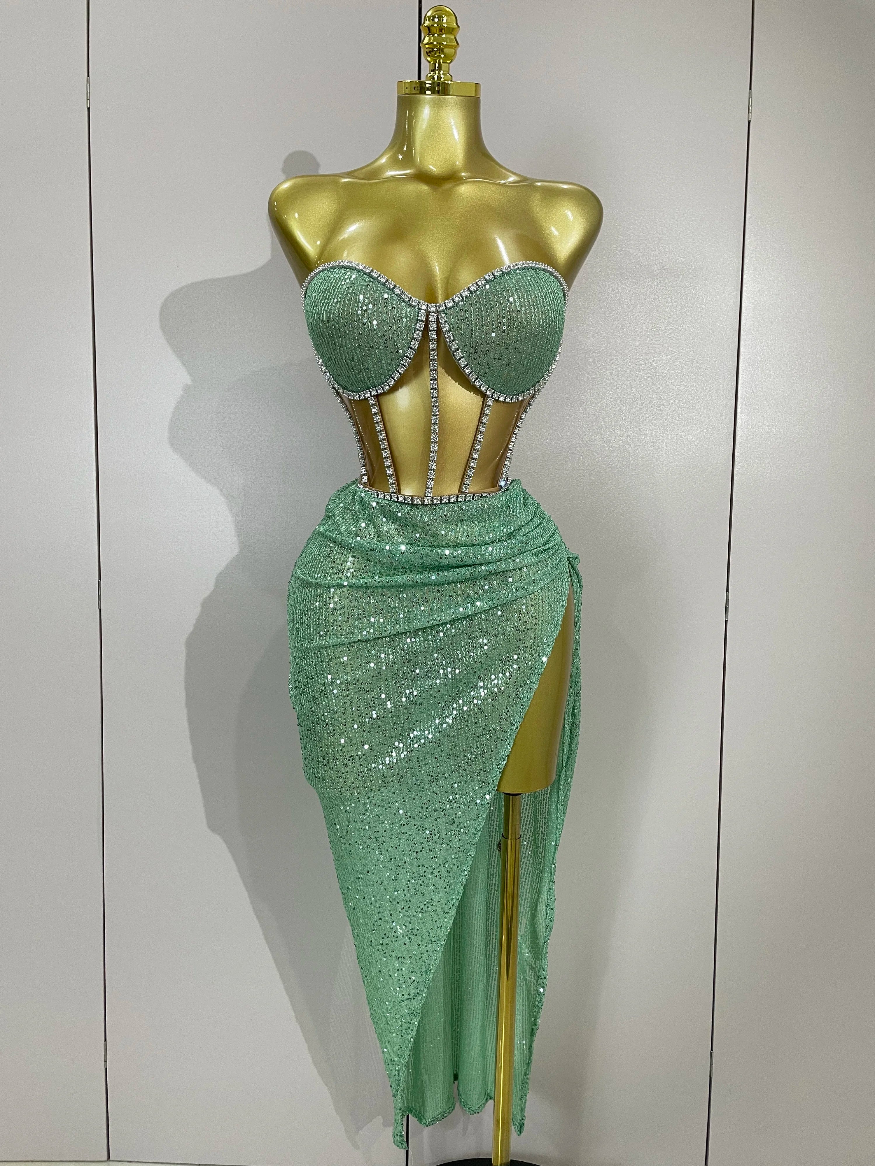 Sparkly Sequins Diamond Birthday Party Two Piece Set Evening Dress 2025 Women Sexy Singer Dancer NightClub Bar Performan Costume Mint