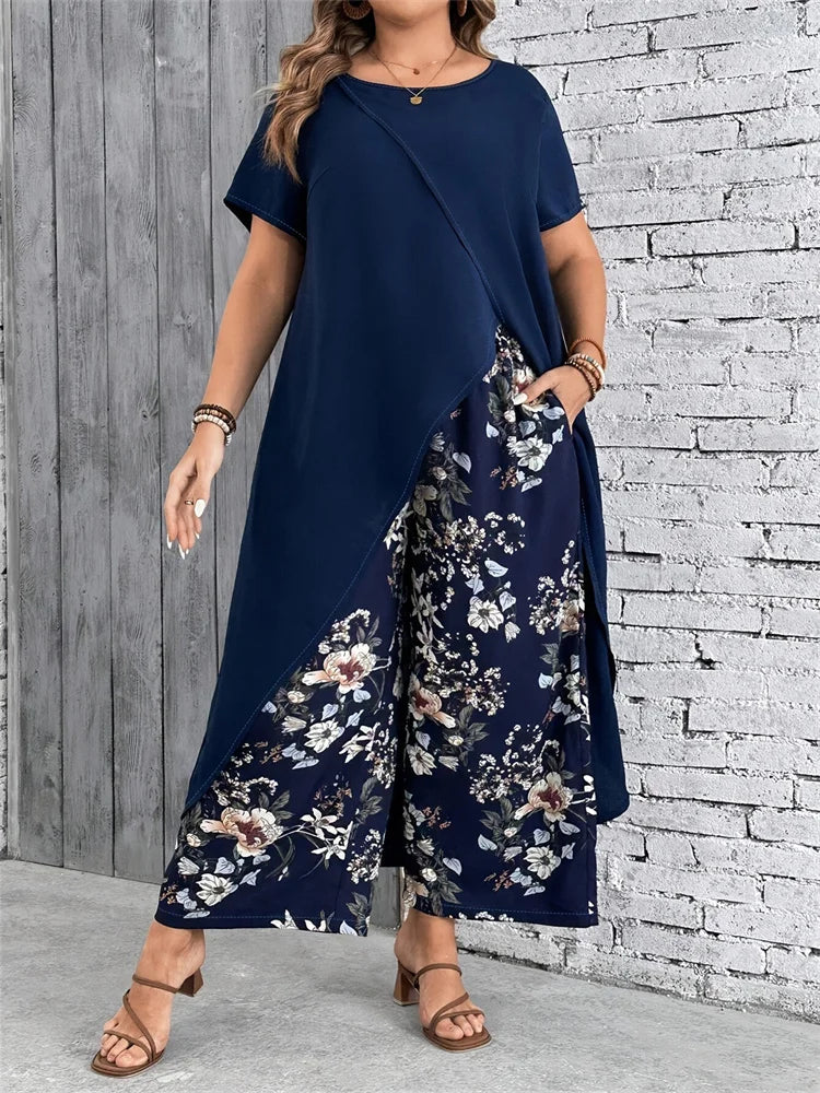 Wmstar Plus Size Two Piece Sets Women Wholesale Long Top and Print Wide Leg Summer Matching Suit Fashion Street Wear 2025 Navy Blue