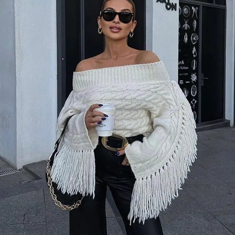 Thicken White Tassel Off Shoulder Sweater Women Elegant Slash Neck Long Sleeve Short Wool Pullover Winter Lady Knit Jumpers white