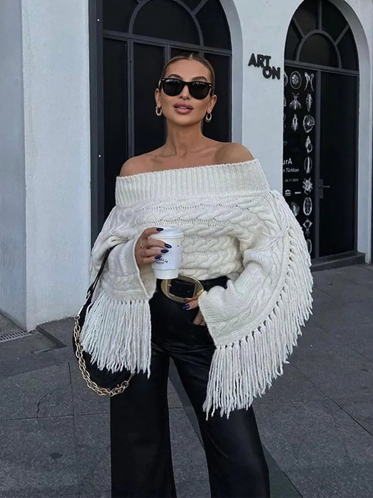 Thicken White Tassel Off Shoulder Sweater Women Elegant Slash Neck Long Sleeve Short Wool Pullover Winter Lady Knit Jumpers white