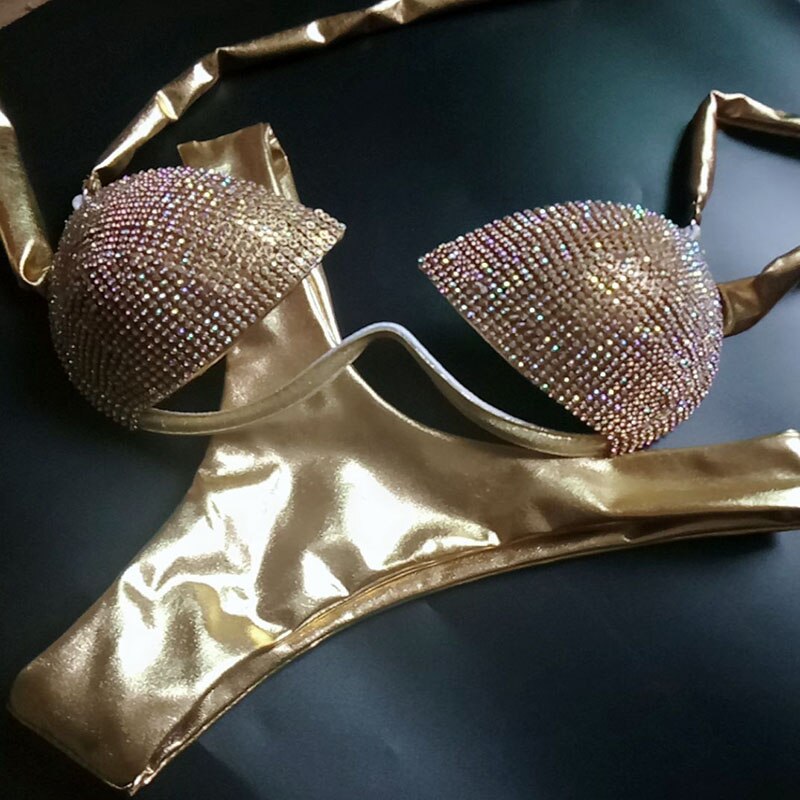 Sexy Crystal Diamond Triangle Bikini Rhinestone Push Up Women’s Swimwear Shiny Gathered Thong Swimsuit