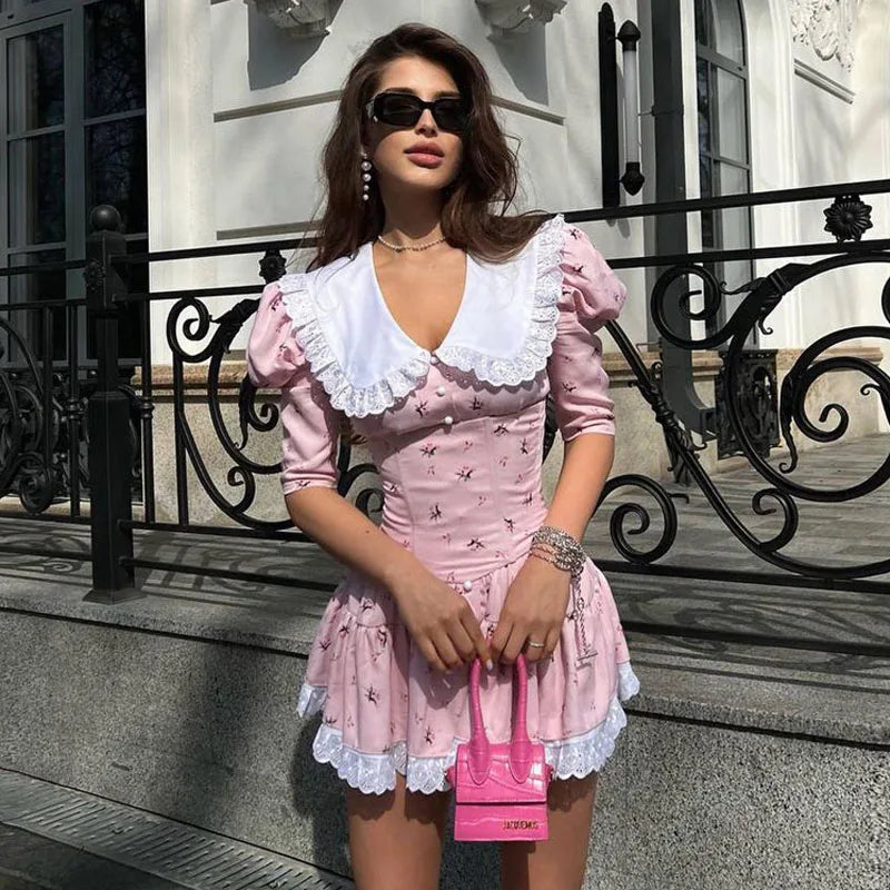 Women's Clothing Summer Doll Collar Floral Short Sleeve Dress Slim Fit Waist Tutu Skirt Lace Club Party Dress Vestidos