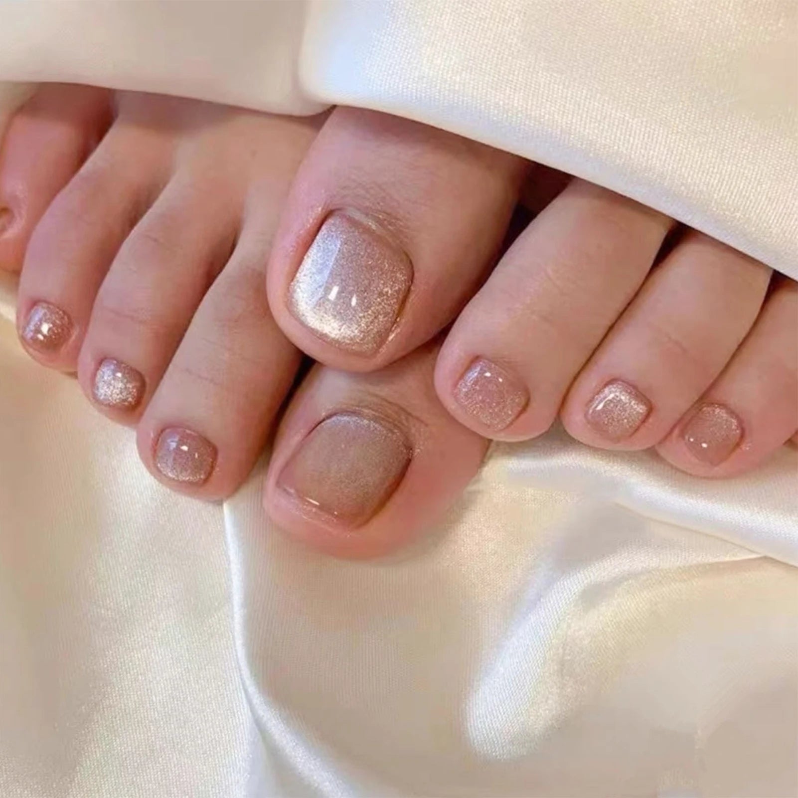 24pcs Summer False Toenails Aurora Cat Eye Fake Toenail Patches Beach Wearable Detachable Square Head Press on Toe Nails 9