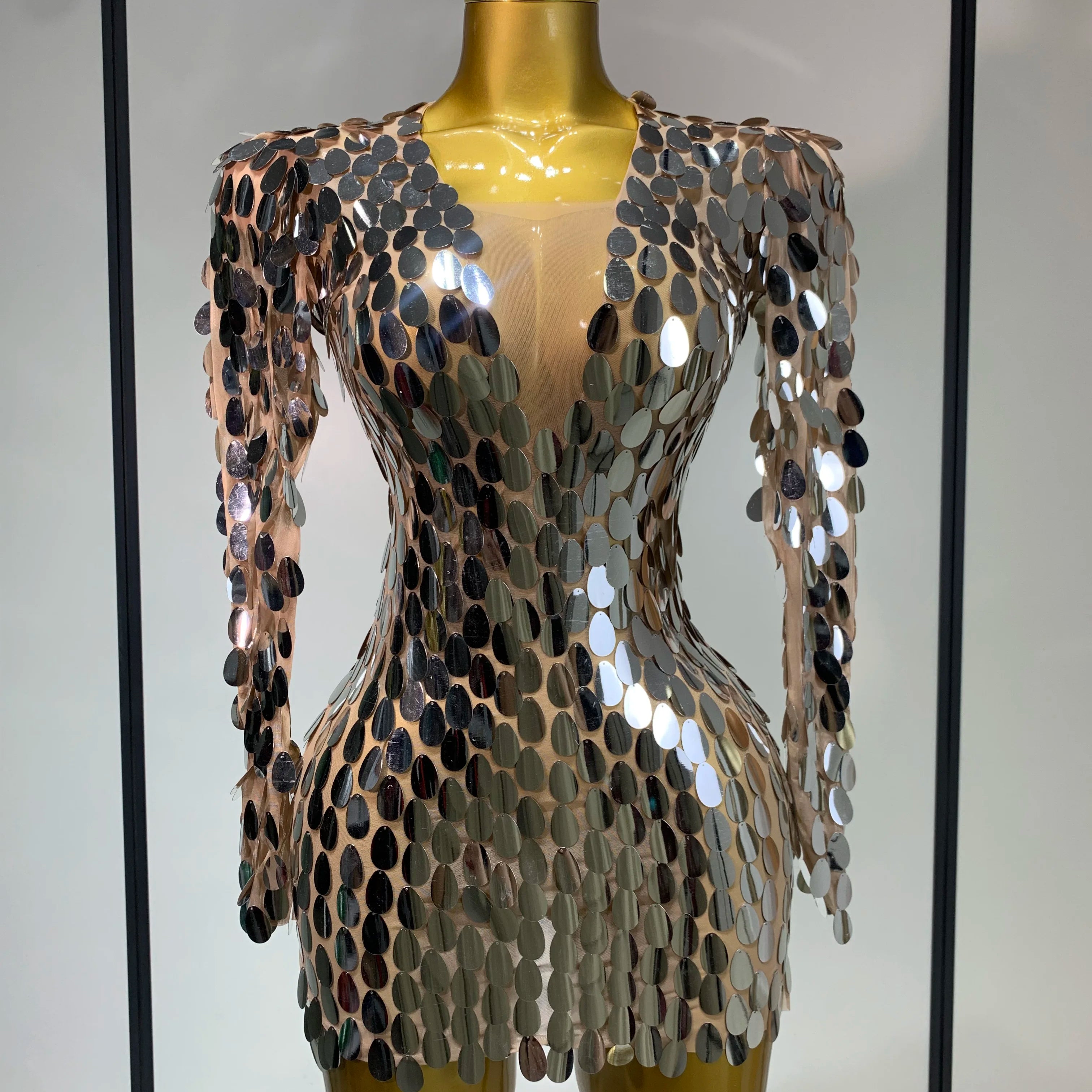 Women Sexy Mesh Stretch Sparkly Sequins Stage Performance Costume Dancer Singer Nightclub Evening Party Luxury Birthday Dress Silver