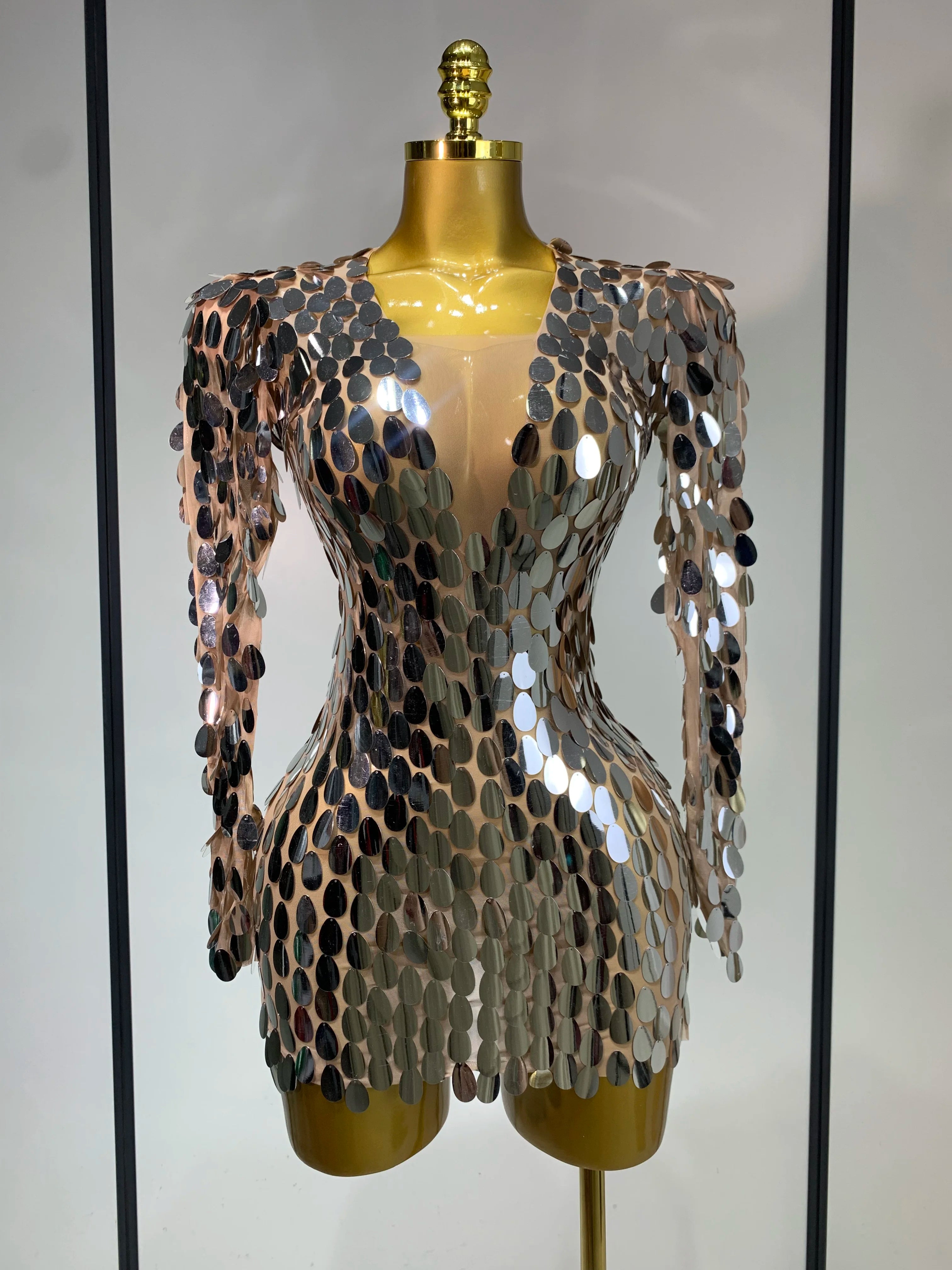 Women Sexy Mesh Stretch Sparkly Sequins Stage Performance Costume Dancer Singer Nightclub Evening Party Luxury Birthday Dress Silver