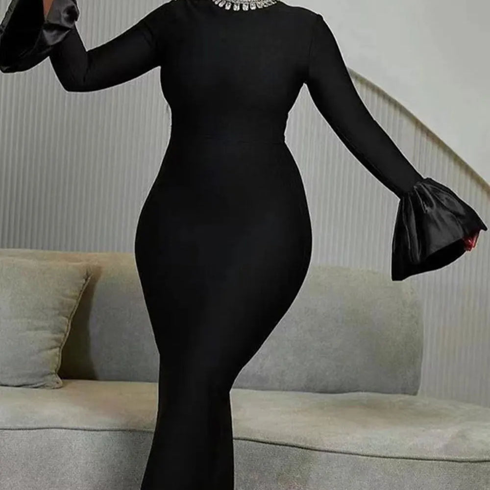 2024 Women's Light Luxury Beaded Elegant Bandage Dress Stand Collar Horn Sleeve Bodycon Long Dresses Evening Club Party Vestidos