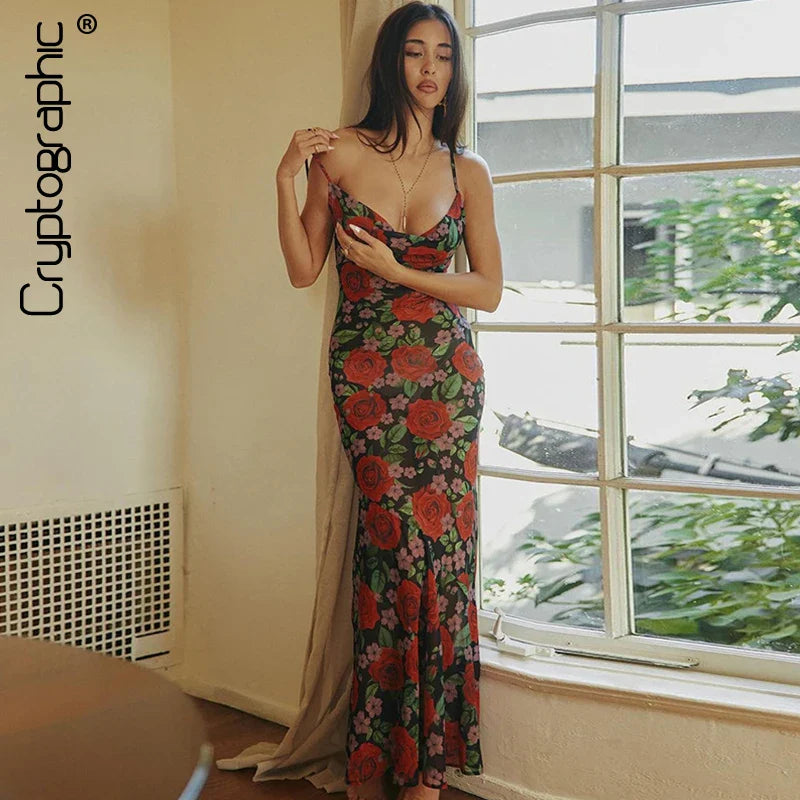 Cryptographic Floral Print Sexy Draped Slip Maxi Dress Elegant See Through Outfits Women Sleeveless Dresses Party Club Vestido