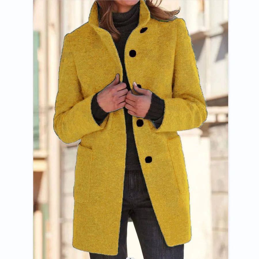 Vintage Women Overcoat Solid Button Stand Collar Woolen Coat Female Autumn Winter Fashion Long Casual Thick Ladies Jacket Yellow