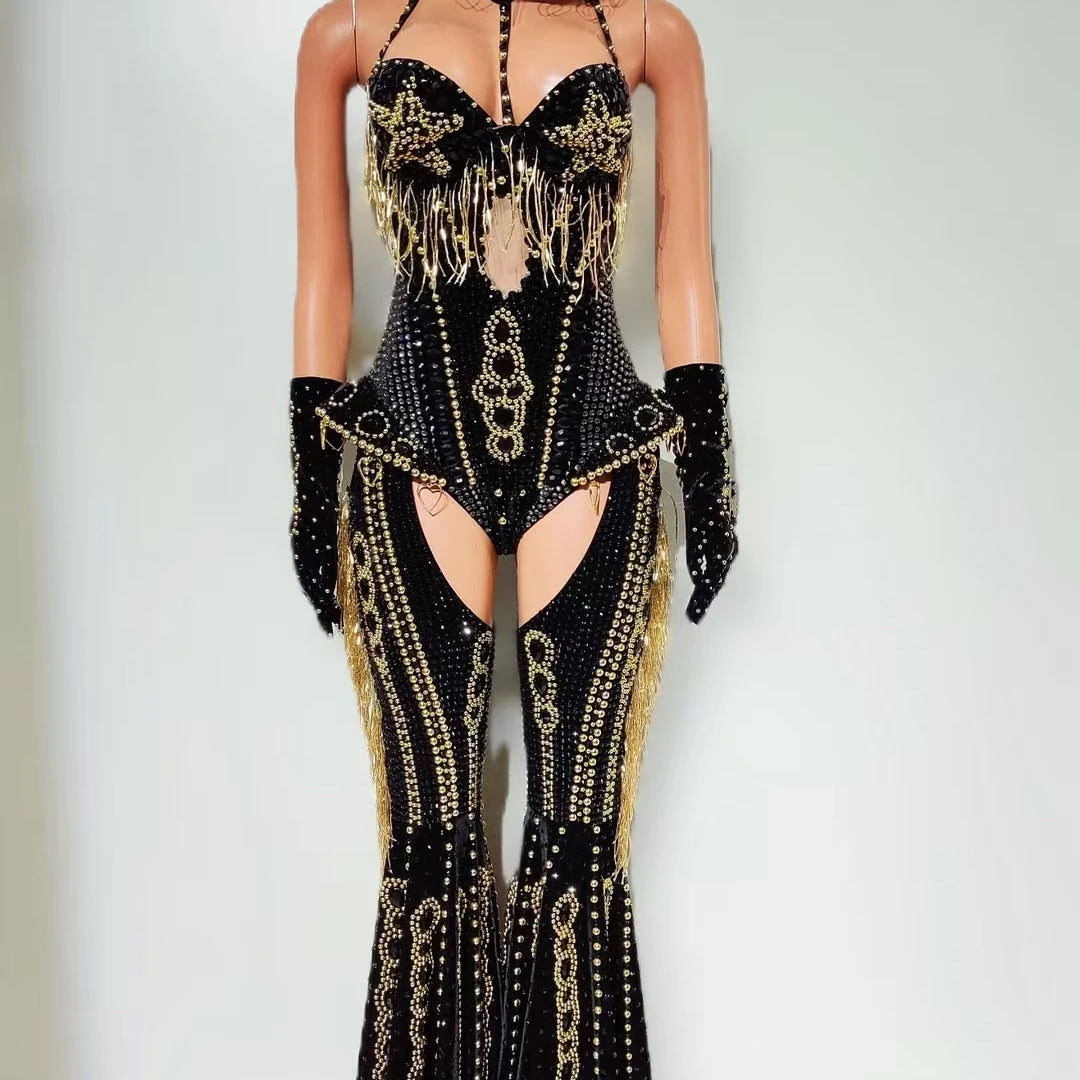 Women Sparkly Rhinestone Bodysuit 4Pieces Set Night Party Cowboy Show Outfit Cabaret Carnival Showgirl Sexy Jumpsuit Hongding