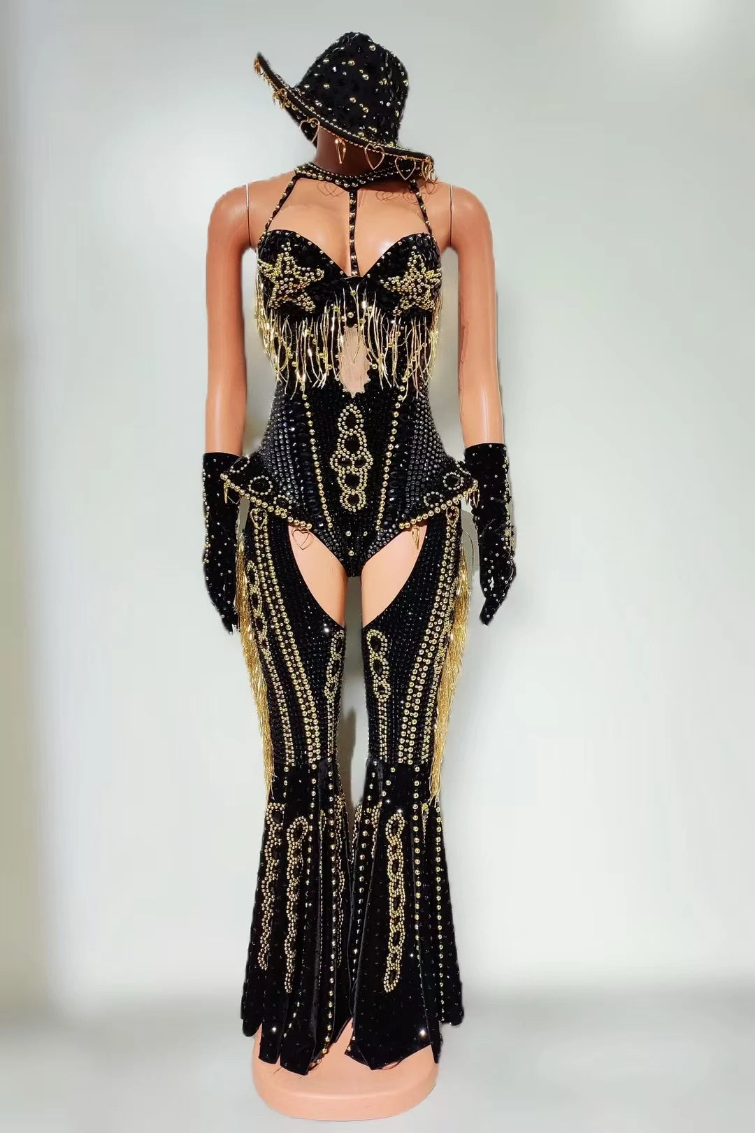Women Sparkly Rhinestone Bodysuit 4Pieces Set Night Party Cowboy Show Outfit Cabaret Carnival Showgirl Sexy Jumpsuit Hongding