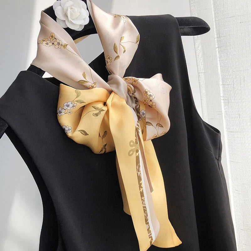 100% Natural Silk Scarf Women Printed Real Silk Long Ribbon Decoration Neckerchief Ladies Bandana Hair Scarf Femme Headscarf