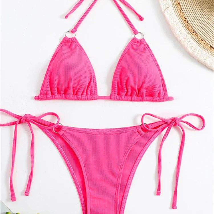 Bikini Women Swimsuit New Solid Ribbed Halter Bikinis Set Sexy Lace Up Swimwear Summer Two Piece Beach Bathing Suit Female Pink