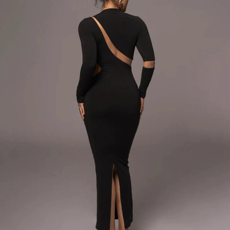 Turtleneck Long Sleeve Bodycon Maxi Dress For Women Autumn New Patchwork Hollow Out Club Party Sexy Long Dress Vestidos