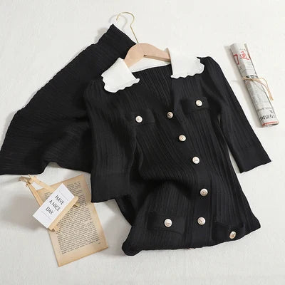 Summer Fashion Women Lapel Color Contrast Short Sleeve Luxury Decoration Knitting Dress Female Sweater Black One Size