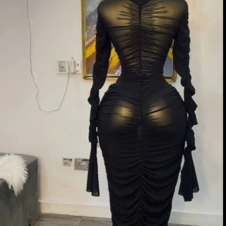 Women Flare Long Sleeve Stacked Ruched Mesh See Though with Tank Dress Maxi Long Dress 2025 Birthday Sexy Party Dresses