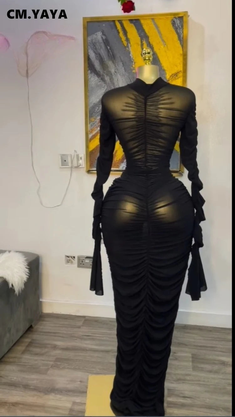 Women Flare Long Sleeve Stacked Ruched Mesh See Though with Tank Dress Maxi Long Dress 2025 Birthday Sexy Party Dresses