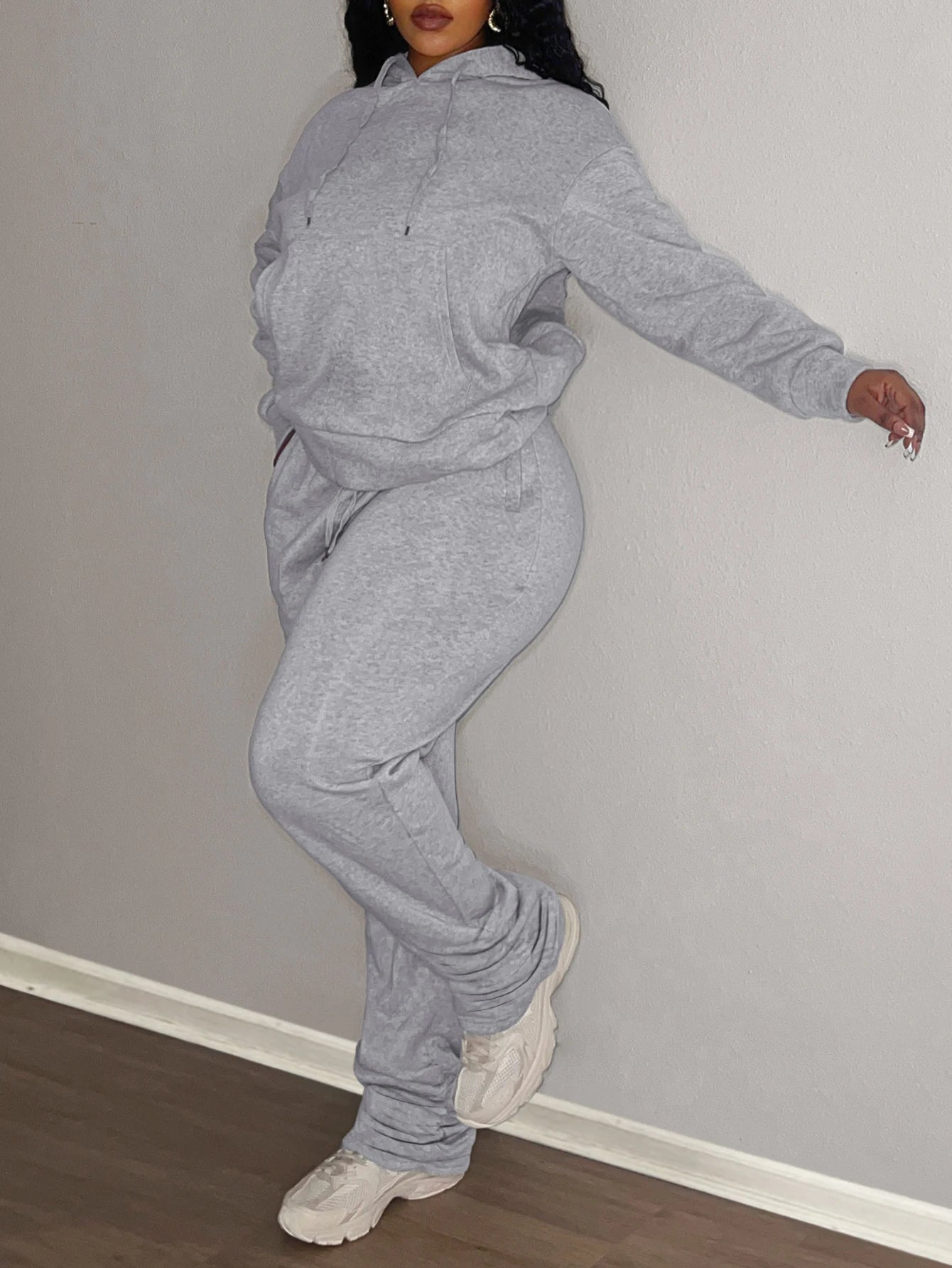 LW Plus Size Two pieces sets Hooded Collar Kangaroo Pocket Hoodie Top + Stacked pants sets casual Tracksuit Set for Autumn winte