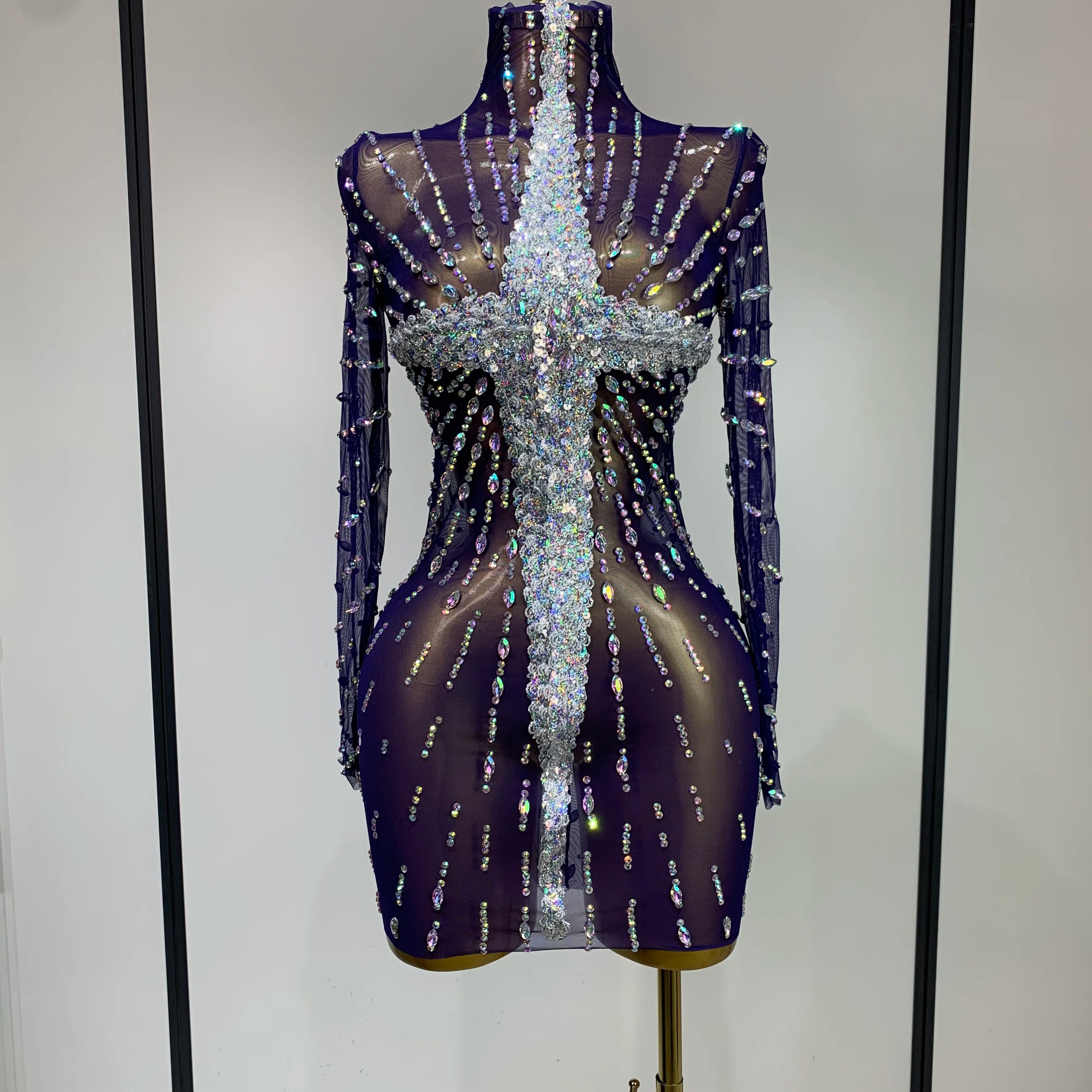 Sparkly Diamonds Mesh See Through Long Sleeves Mini Dress Women Eveing Birthday Party Sexy Nightclub Bar Singer Stage Costume