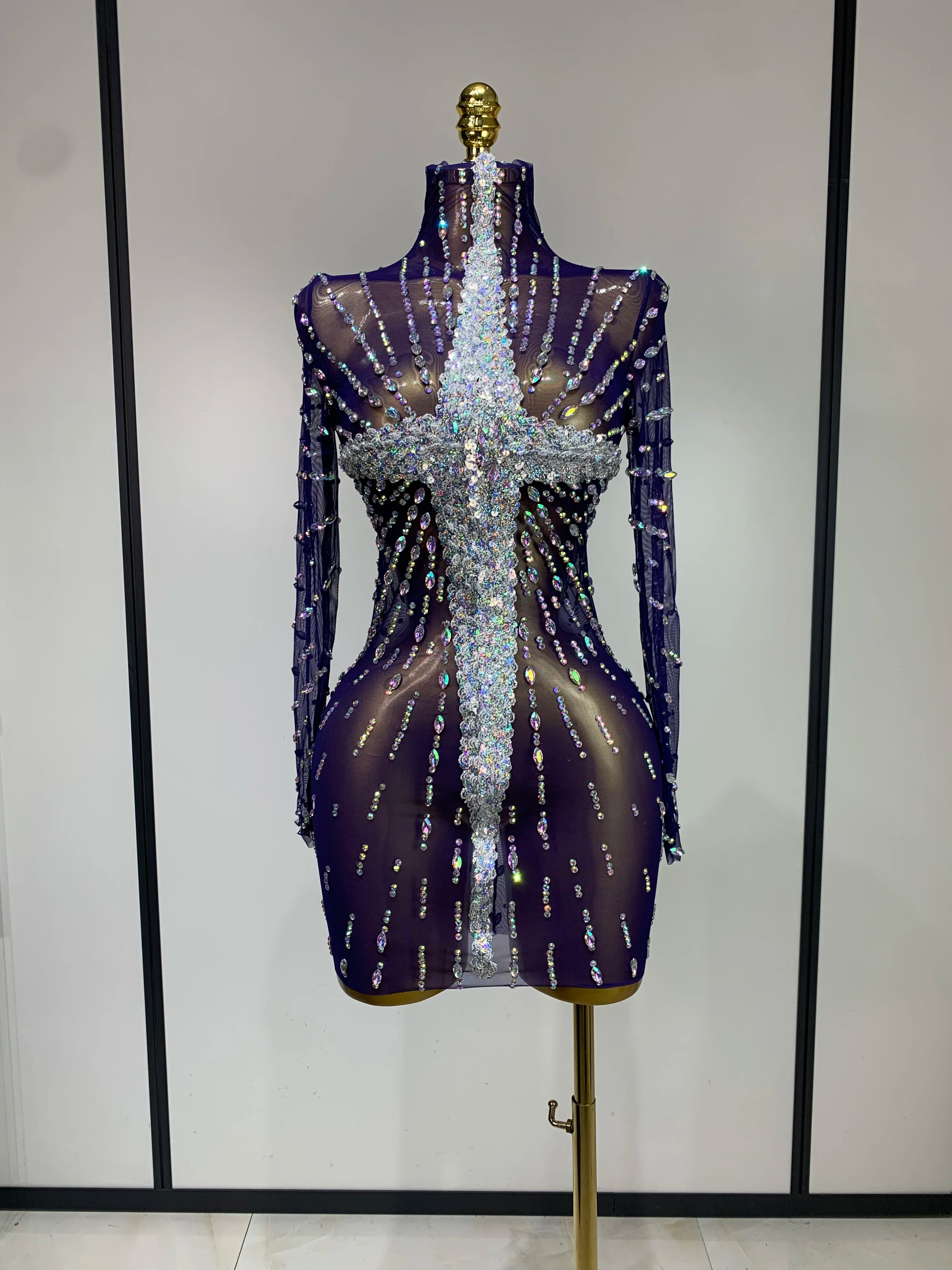 Sparkly Diamonds Mesh See Through Long Sleeves Mini Dress Women Eveing Birthday Party Sexy Nightclub Bar Singer Stage Costume