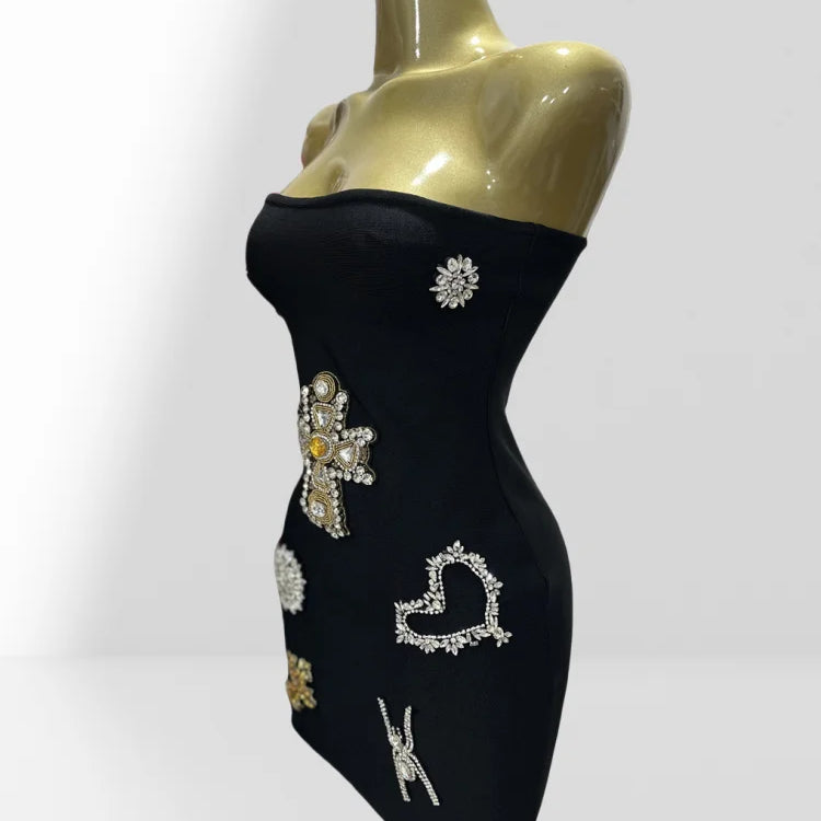 2025 Summer Luxury Diamonds Cross Strapless Sheath Black Bandage Mini Dress Fashion Woman Party Dress Music Festival Outfit