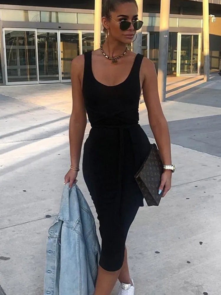 Summer Women Black Dresses Autumn Neon Green Sexy Bodycon Spaghetti Strap Midi Long Party Club Tank Dress For Women Female black