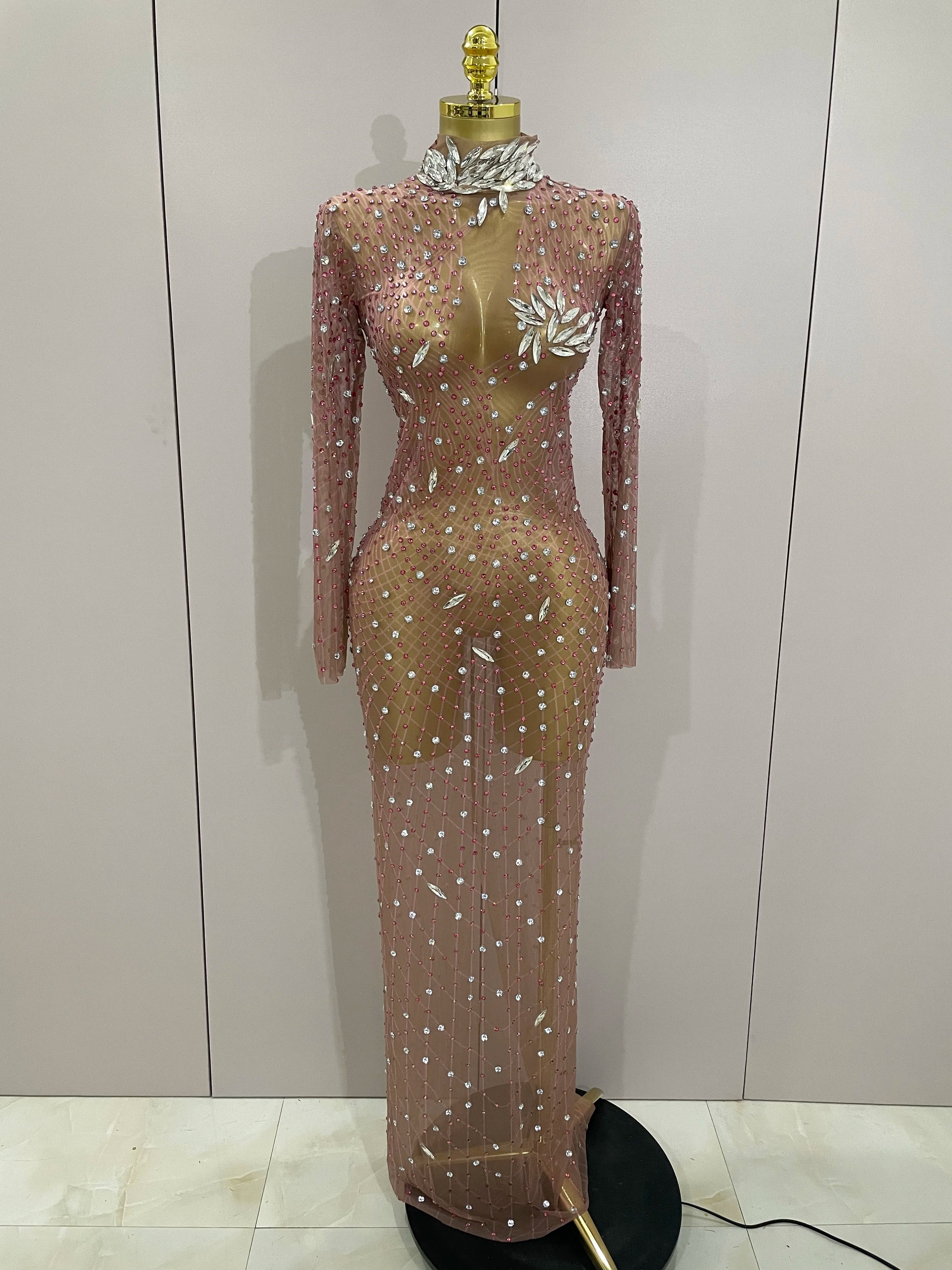 Shining Rhinestones Sexy Mesh See Through Long Dress Women Birthday Celebrate Evening Singer Show Stage Wear Photo Shoot Dress Pink