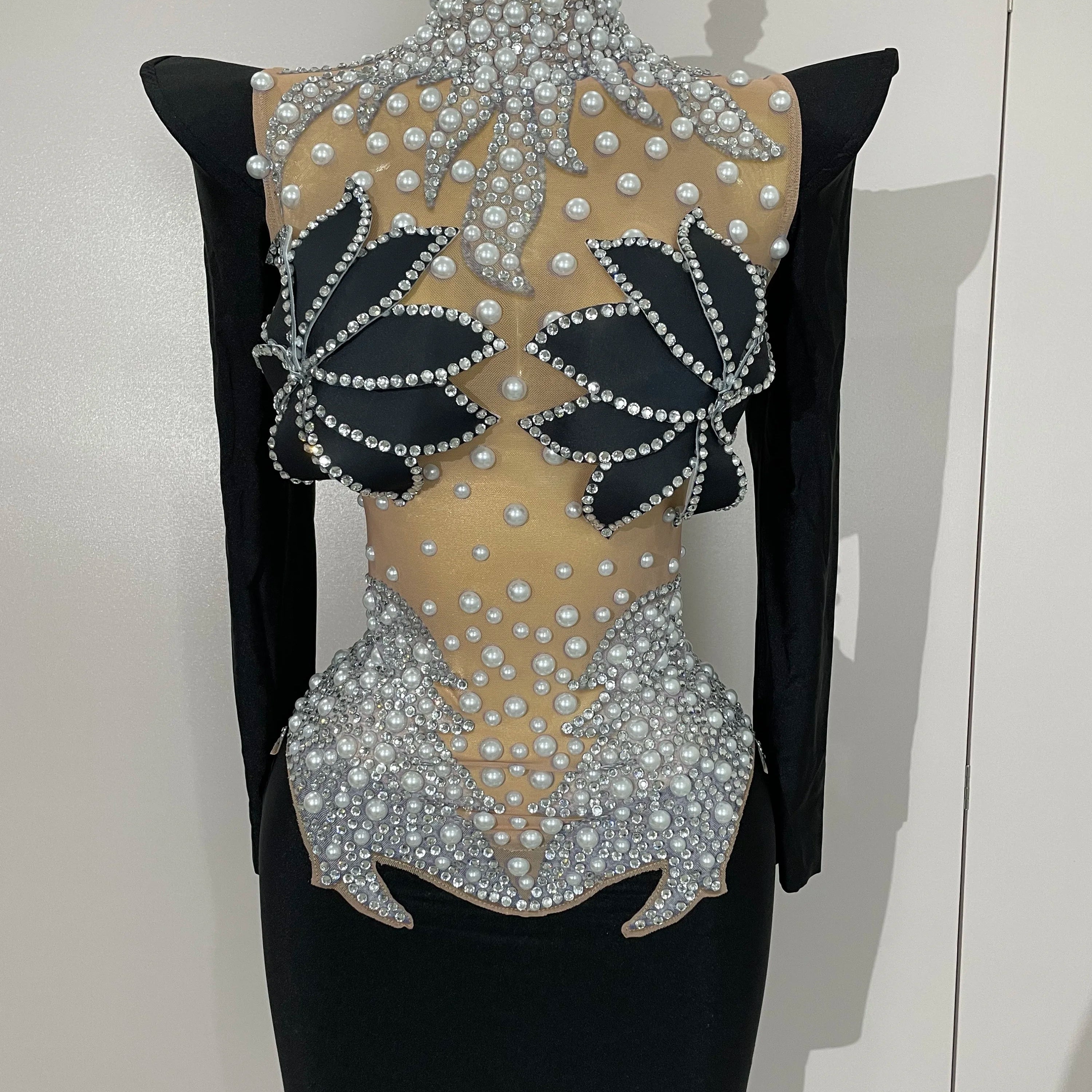 Sparkly Diamonds Pearl Black Sexy See Through Mesh Long Dress Women Wedding Evening Luxury Birthday Party Stage Photoshoot Dress