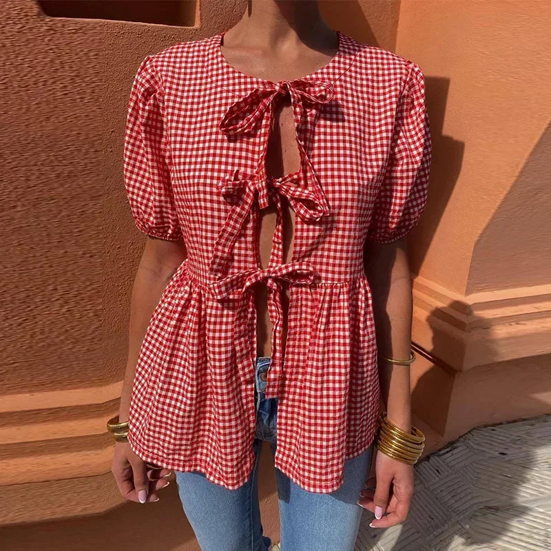 Red Plaid O-neck Lace Up Women Shirts And Blouses Puff Sleeve Hollow Out Women's Shirt Summer Casual Ruffles Female Tops Red