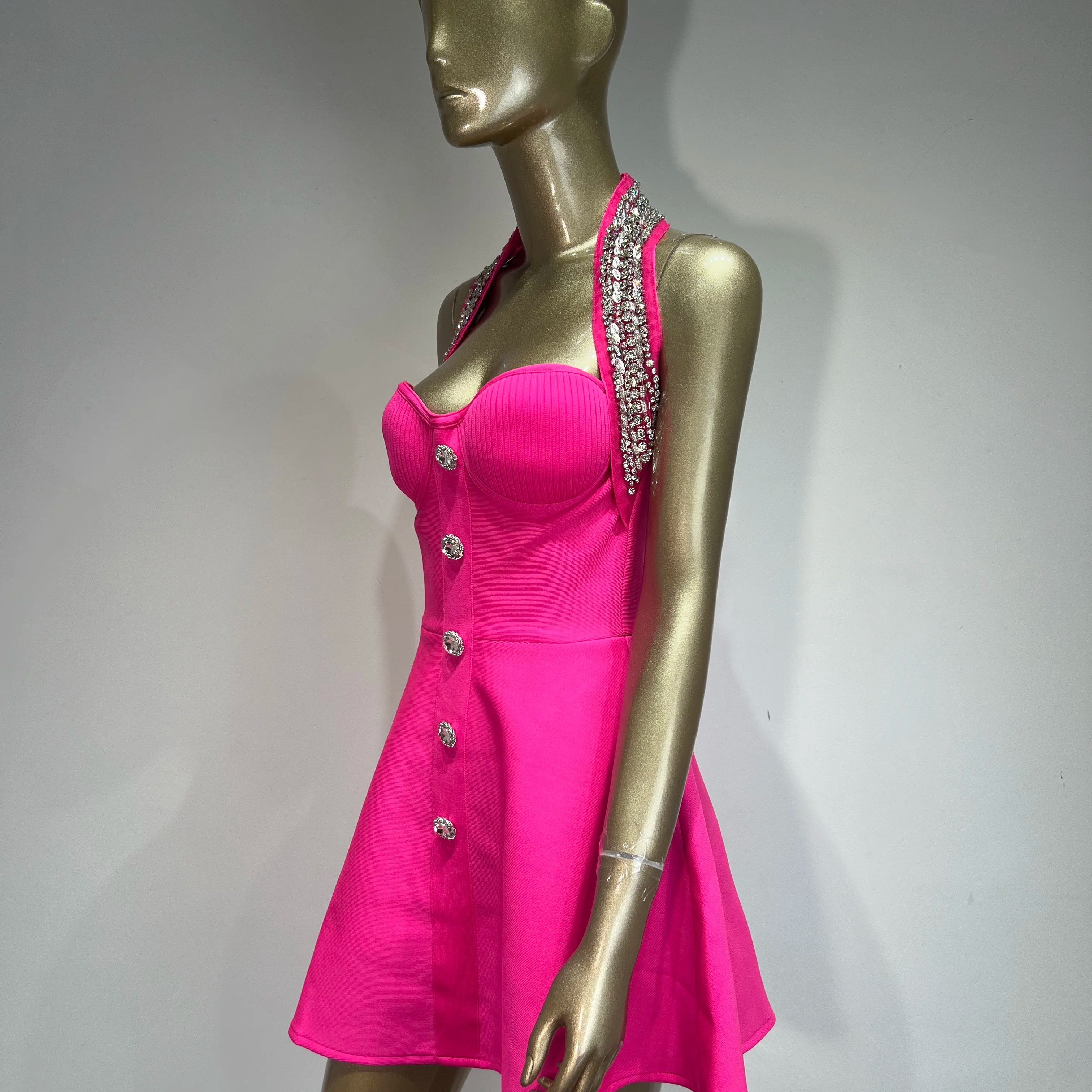 Rosered Black Color Women Sexy Off the Shoulder Halter Shinning Crystal A-Line Bandage Mini Dress Celebrate Nightclub Party Wear