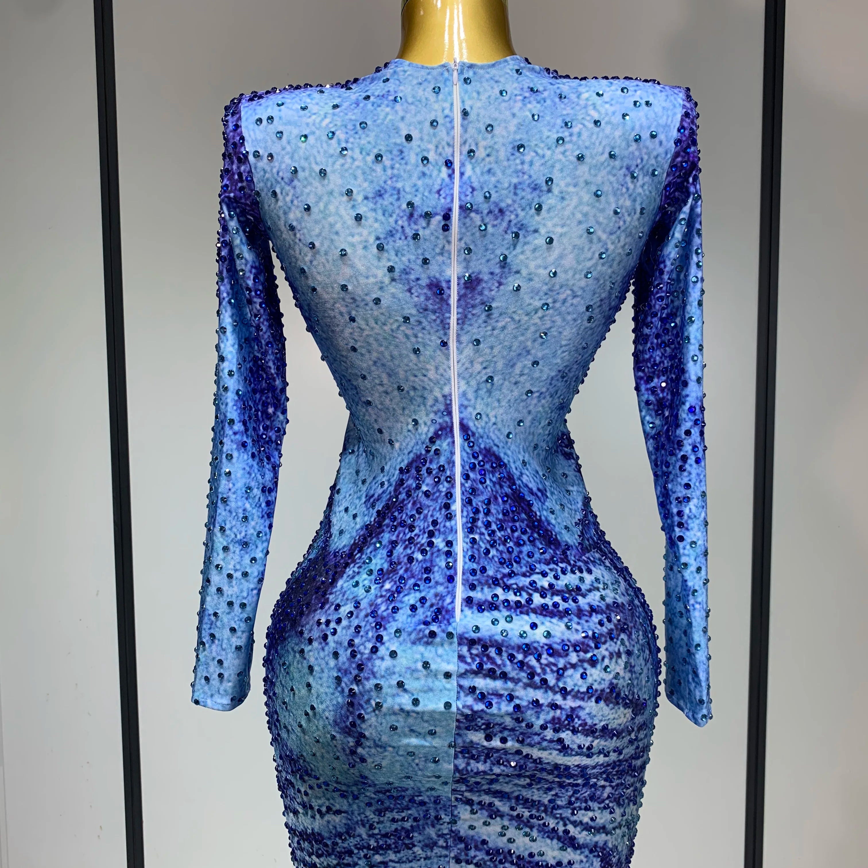 Ladies Sexy Sparkly Rhinestones Blue Long Sleeve Short Dress Women Evening Luxury Birthday Party Nightclub Singer Stage Outfit