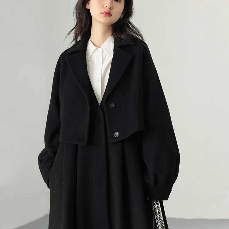 Autumn Winter Long Flowy Luxury Vintage Black Warm Thick Woolen Coat Women Luxury Designer Fake 2 Pieces Clothes 2023