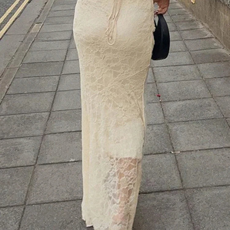 TARUXY Lace Mesh Splice Long Skirts For Women 2023 See Through Sexy High Waist Maxi Skirt Femme Club Hollow Out Skirts Ladies