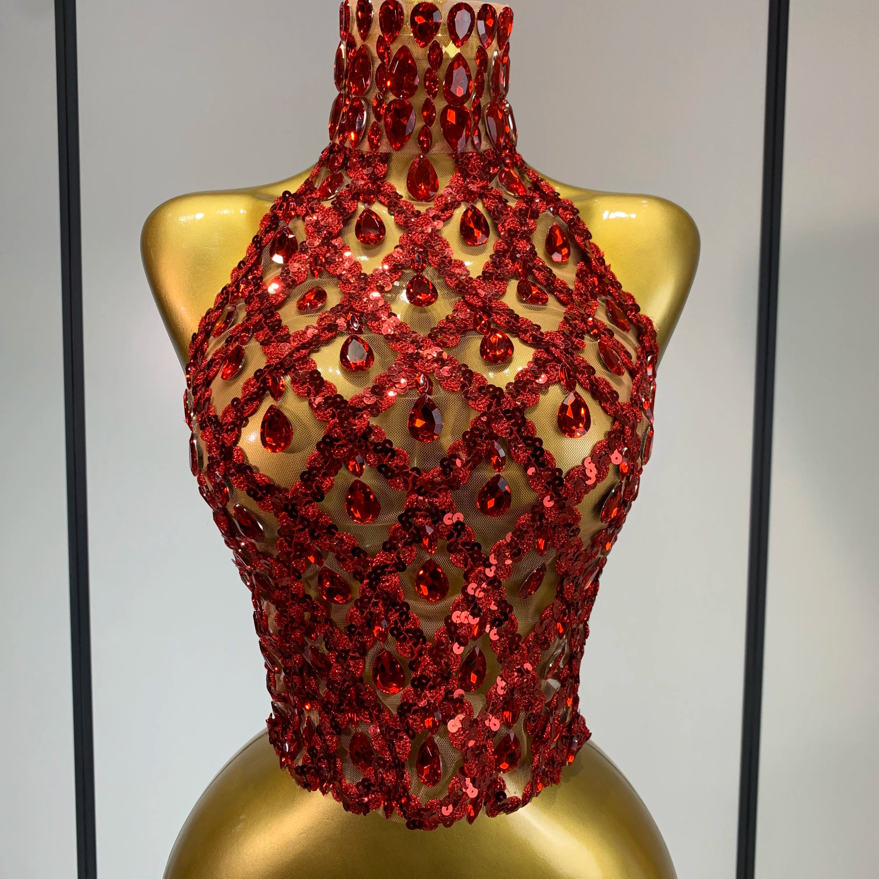 Shining Rhinestones Sexy Transparent Mesh Top Women Evening Party Celebrate Fashion Show Singer Dancer Nightclub Stage Costume Red