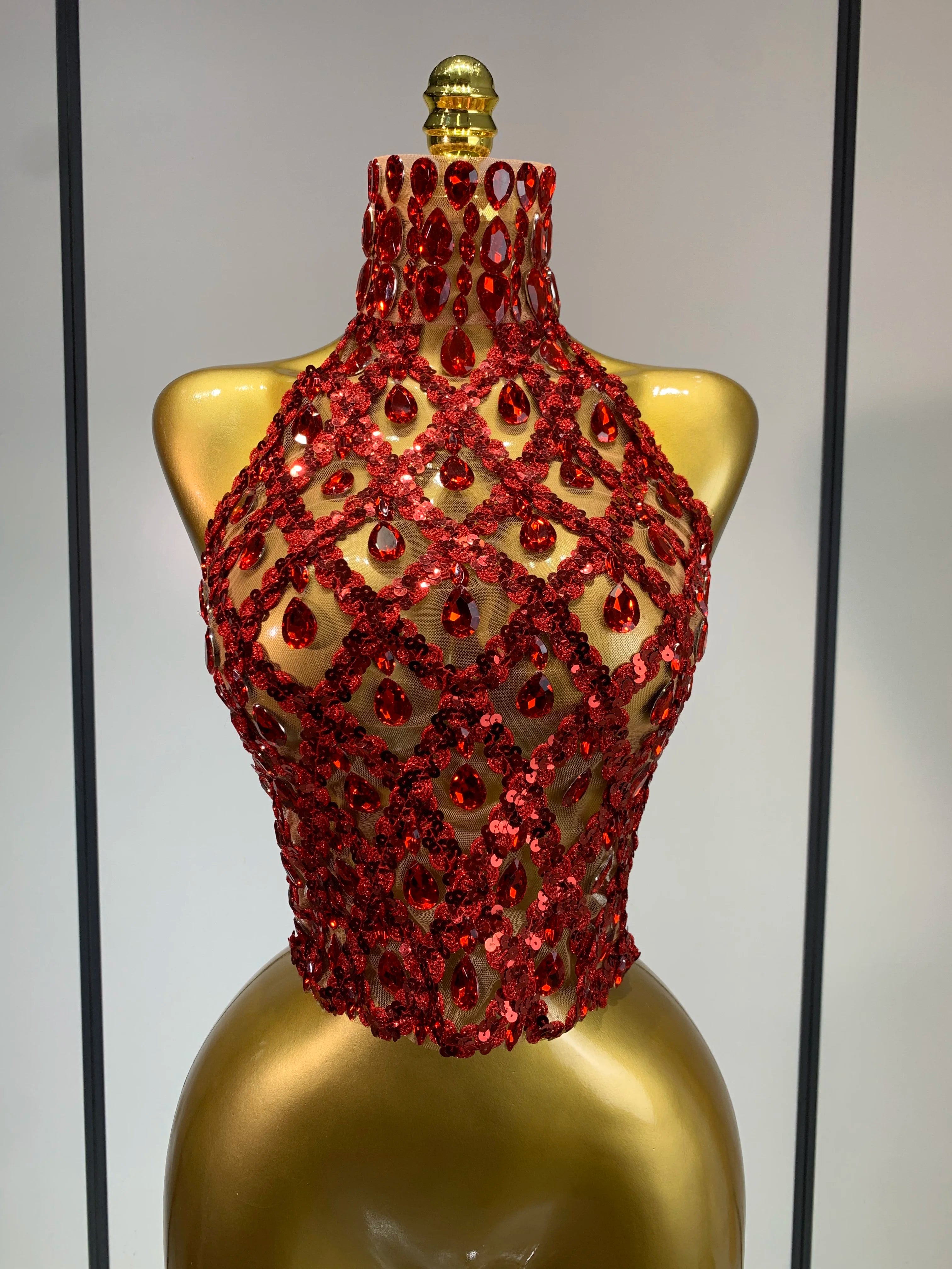 Shining Rhinestones Sexy Transparent Mesh Top Women Evening Party Celebrate Fashion Show Singer Dancer Nightclub Stage Costume Red