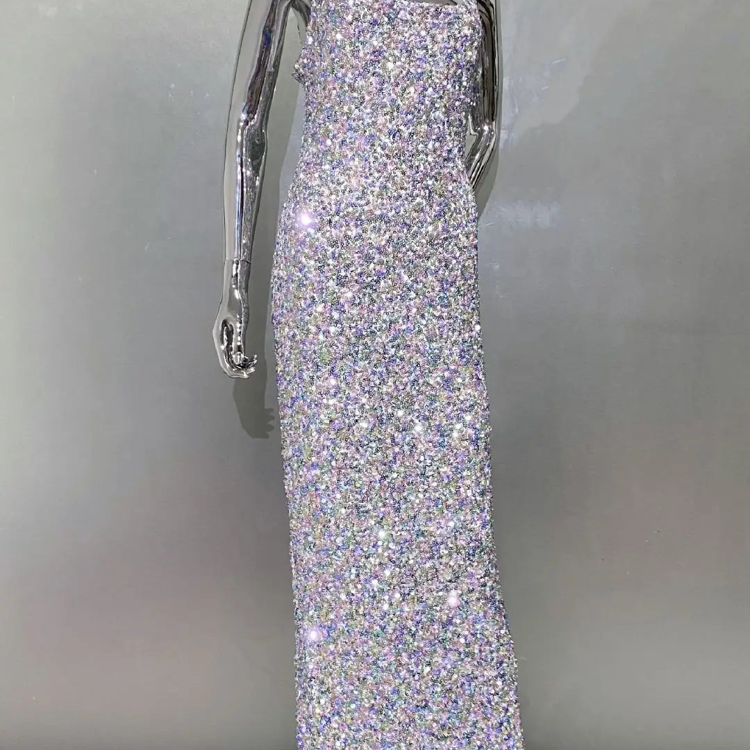 Shinning Sequins Women Sleeveless Sexy Square Collar Bodycon Long Fashion Evening Party Dress Birthday Prom Outfit Vestido MULTI