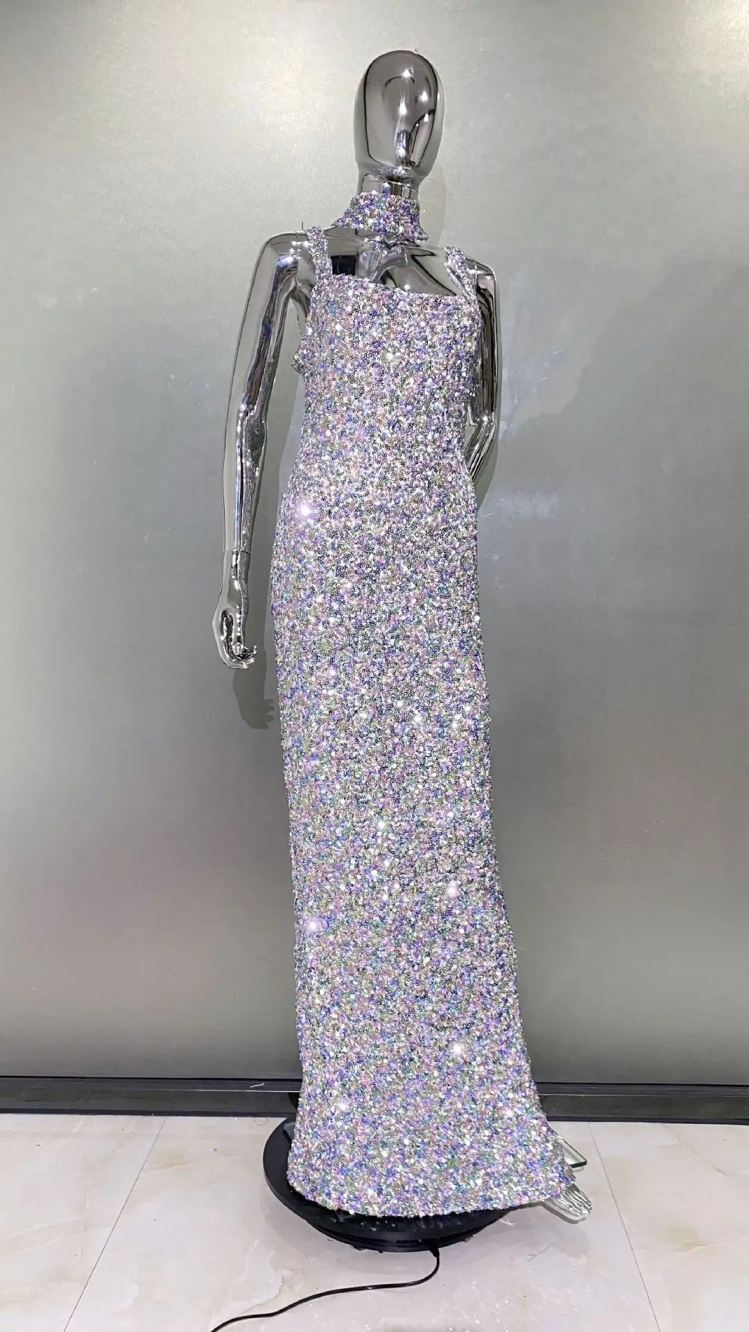 Shinning Sequins Women Sleeveless Sexy Square Collar Bodycon Long Fashion Evening Party Dress Birthday Prom Outfit Vestido MULTI