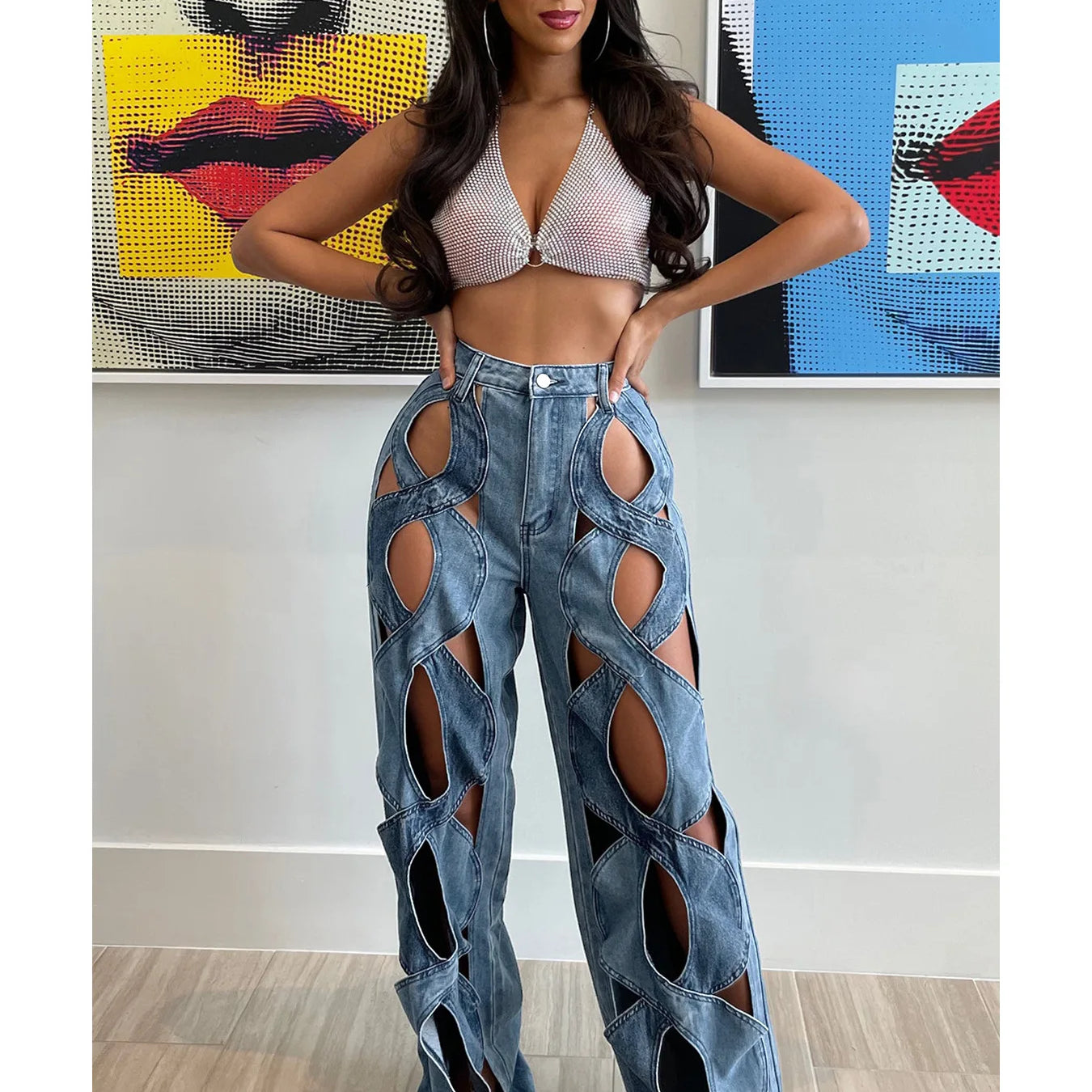 Women Vintage Cutout Hollow Out Criss Cross Straight Denim Pants 2024 Fashion INS High Waist Wide Leg Jeans Trousers Light Blue
