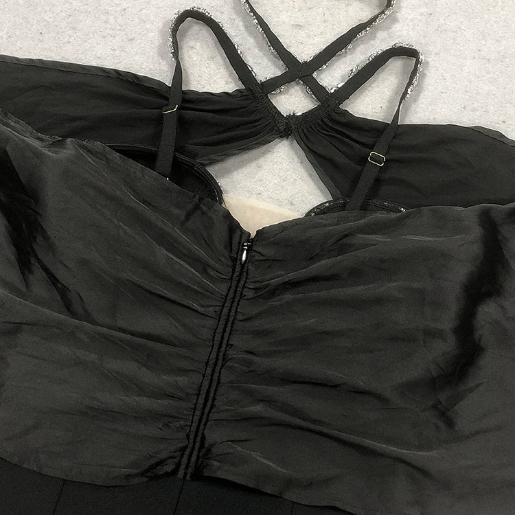 Eye-Catching Off-Shoulder V-Neck Hot Pink & Black Dress with Crystal Party Evening Gown