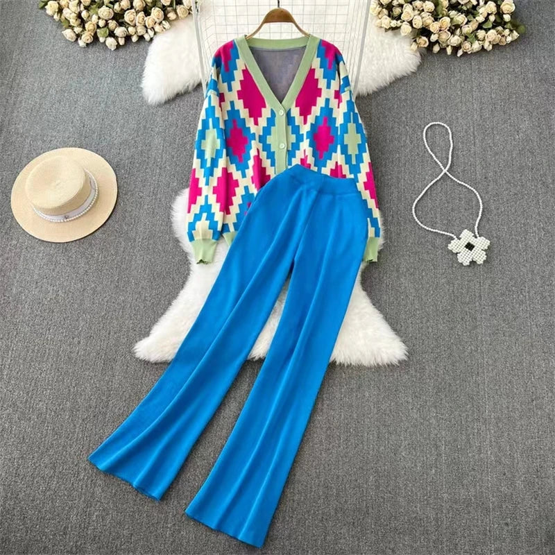 Women Sweater Cardigans Pant Set Casual Suits Long Sleeve Autumn Winter Knitted Loose Elegance Plaid Tops Elastic Sweaterpants Blue One Size