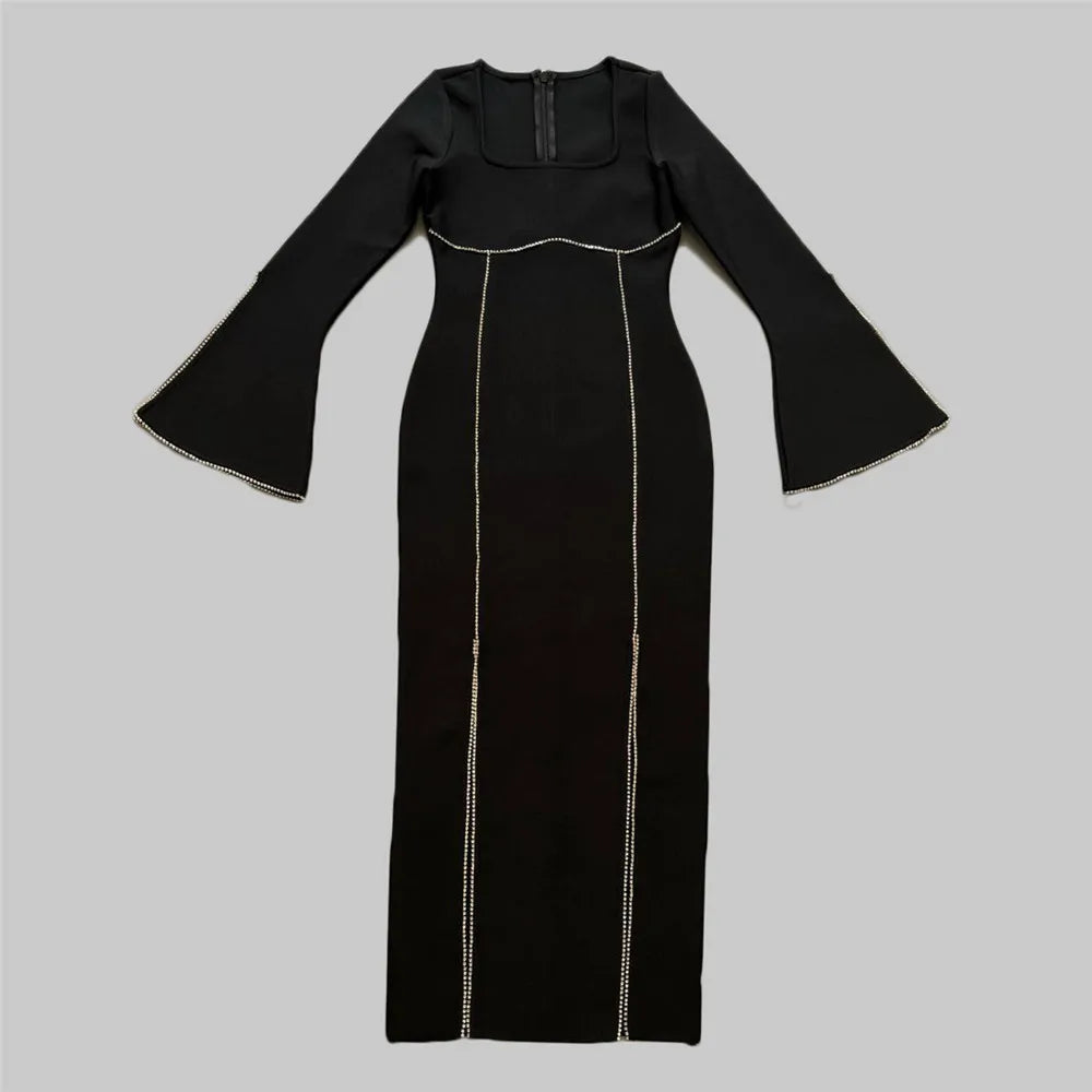 Women Long Sleeve Sexy Square Collar Zipper Bodycon Mid-calf Bandage Dress Celebrate Fashion Evening Party Dress
