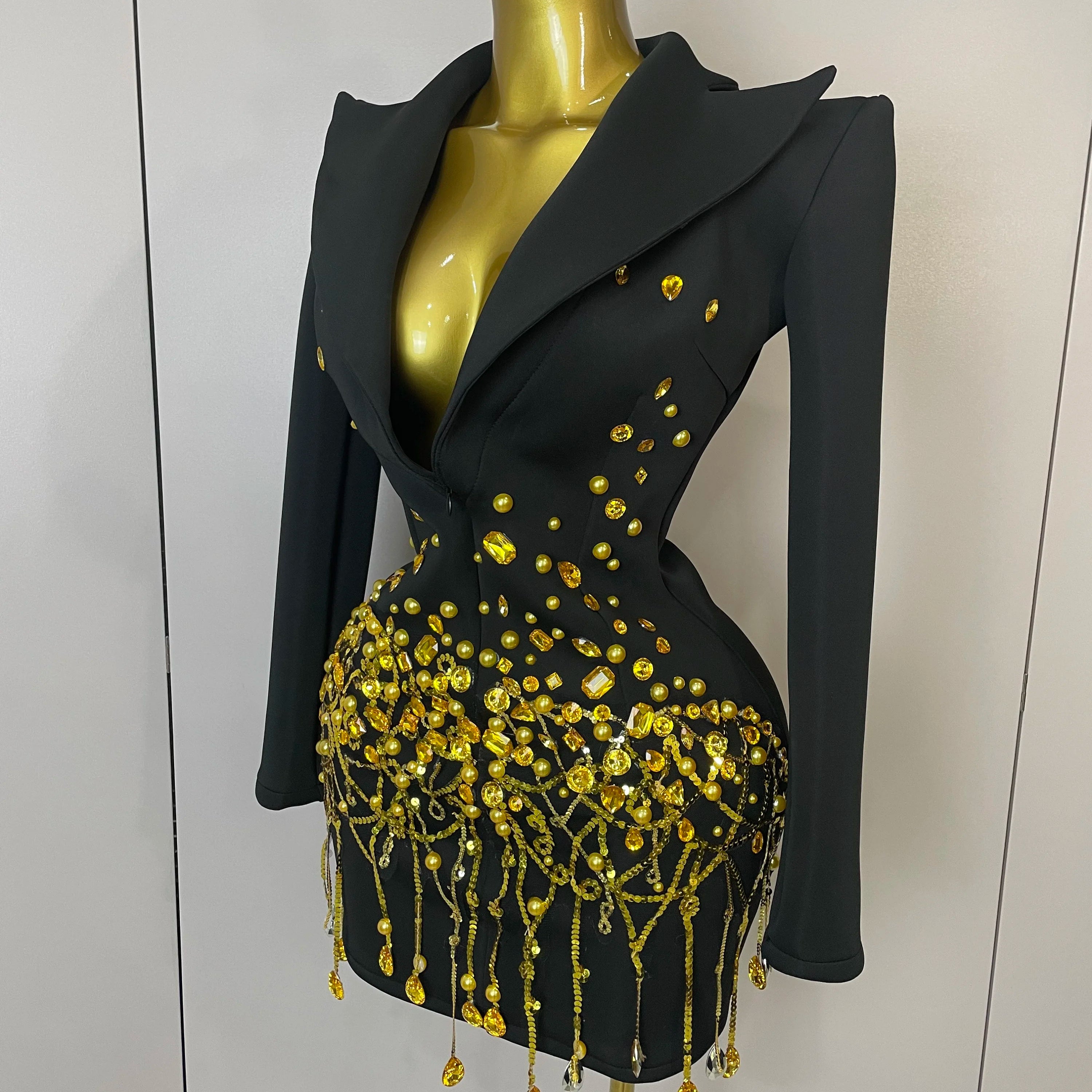 Sparkly Crystal Chains Pearls Long Sleeve Mini Dress 2025 Women Birthday Evening Party Nightclub Outfit Singer Wedding Costume