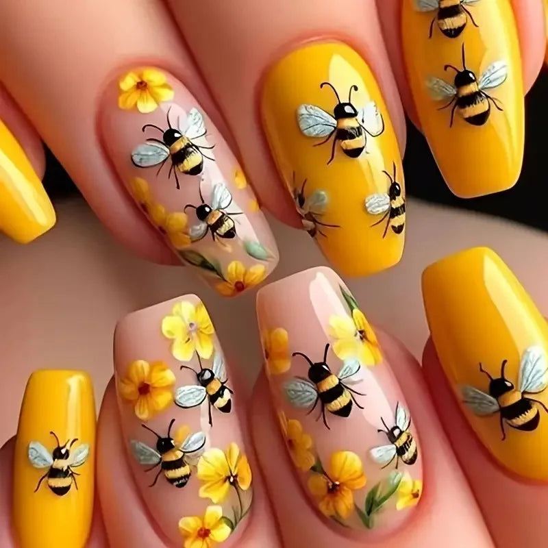24Pcs Mid-length Ballet Fake Nail Full Cover Yellow Cute Bee Design Art with Glue Wearable French Colorful Flowers Manicure Tips 2
