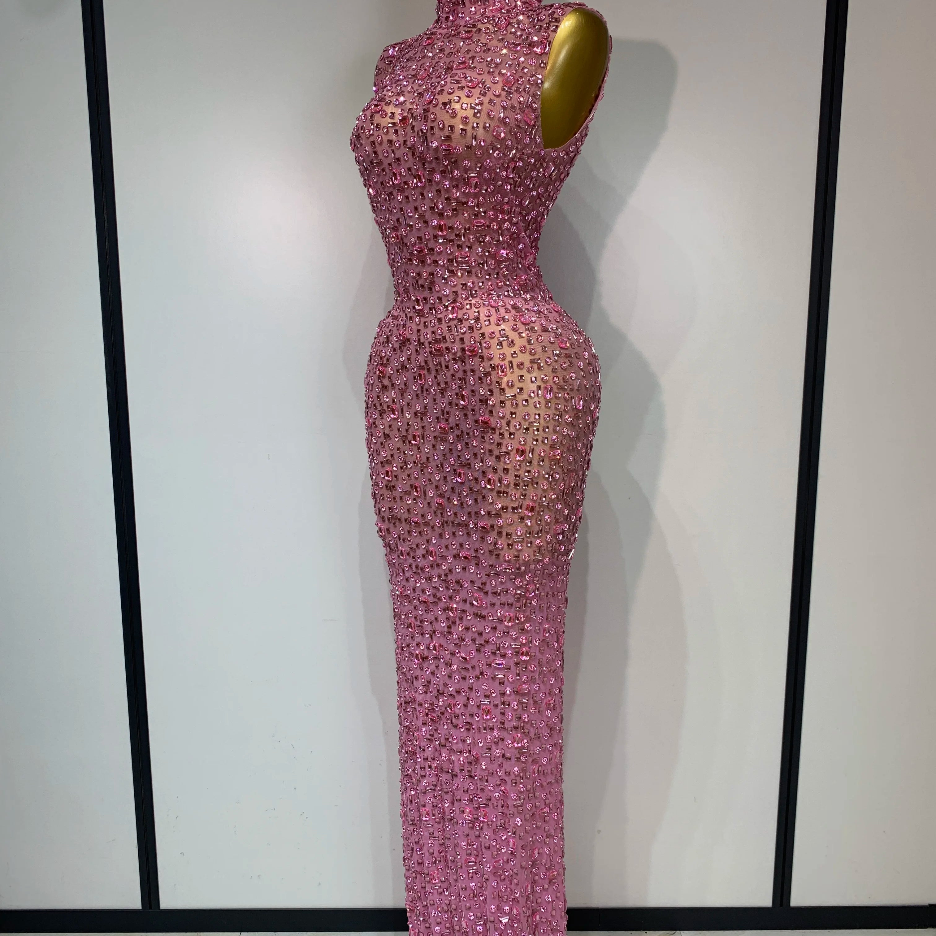 Sparkly Rhinestone Sleeveless Maxi Long Dress Sexy Mesh See Through Luxury Birthday Dress Evening Party Singer Stage Outfit