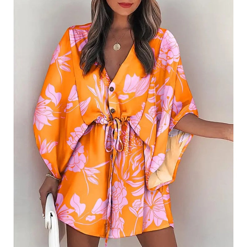 Summer Boho Mini Dress - Flora Print Batwing Sleeve Lace-Up V Neck Loose Button Dresses Ladies Beach Party Dress Vestido style12