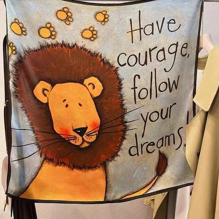 BYSIFA| New Grey Blue Silk Scarf Fashion Floral Design 70cm Square Scarves Fall Winter Neck Scarf Hijab Sweet Headband 65*65cm grey lion