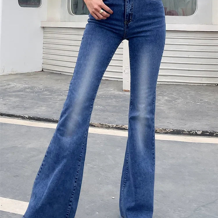 Benuynffy Button Fly Women's Raw Hem Flare Jeans Autumn Fashion Woman Denim Pants Jean Femme High Waist Full Length Slim Jeans Sky Blue