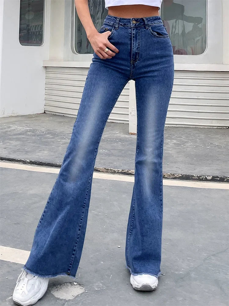 Benuynffy Button Fly Women's Raw Hem Flare Jeans Autumn Fashion Woman Denim Pants Jean Femme High Waist Full Length Slim Jeans Sky Blue